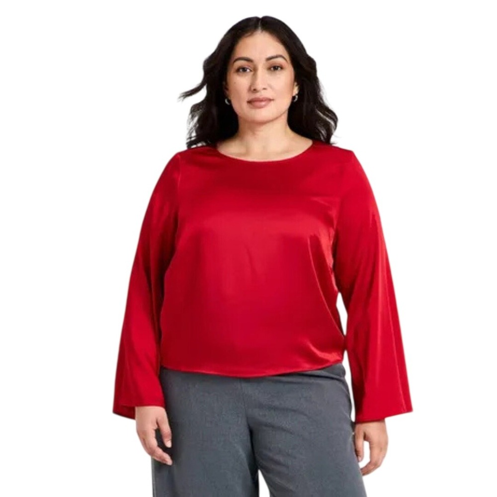 A‎ New Day Women's Red Satin Finish Crewneck Long Sleeve Blouse Size XXL